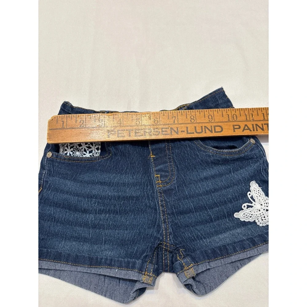 Beautees Girls Dark Wash Denim Butterfly Lace Shorts Size S 7/8 Elastic Waist
